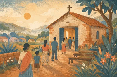 Rural Village Church at Morning Light