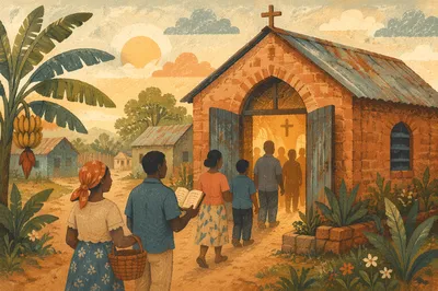 Village Church at Dawn in Hopeful Light