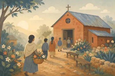 Peaceful Village Church at Morning Light