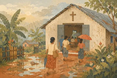 Village Church Gathering After Morning Rain