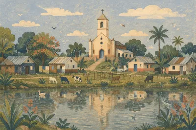 Rural Village Church Reflected in Peaceful Pond
