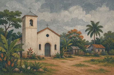 Humble Rural Village Church Under Gray Skies