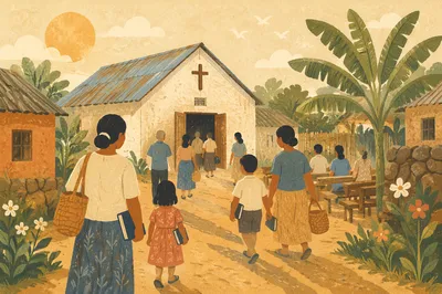 Village Church Gathering at Sunrise