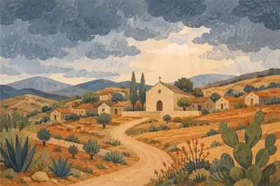Rural Village Church Under Storm Clouds