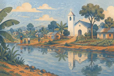 Rural Village Church Across Quiet River
