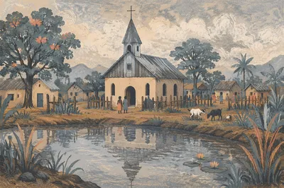 Rural Village Church Across Quiet Pond
