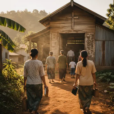 Rural Village Church in Golden Afternoon Light
