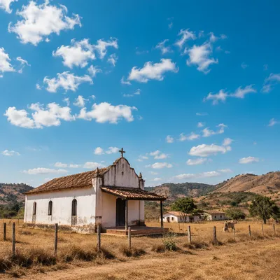 Rural Village Chapel Under Bright Blue Sky
