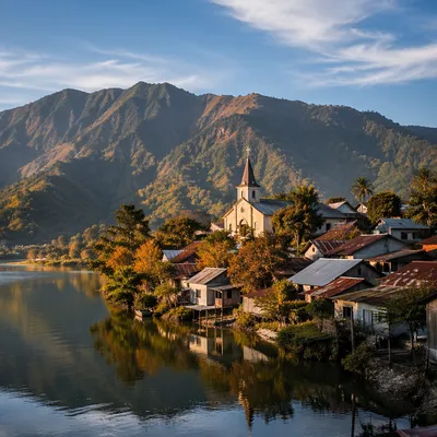 Mountain Village Church by Peaceful Lake