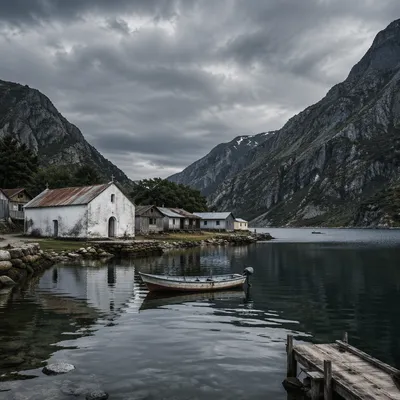 Rural Lakeside Church in Mountain Village