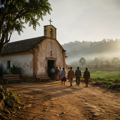 Hopeful Rural Village Church in Morning Light