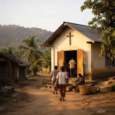 Rural Village Church in Morning Light