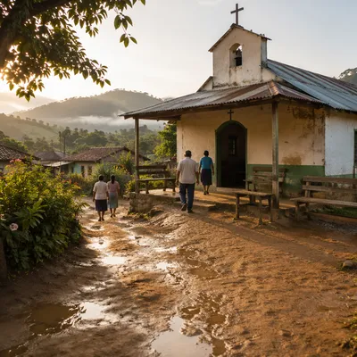 Rural Village Church at Morning Dawn