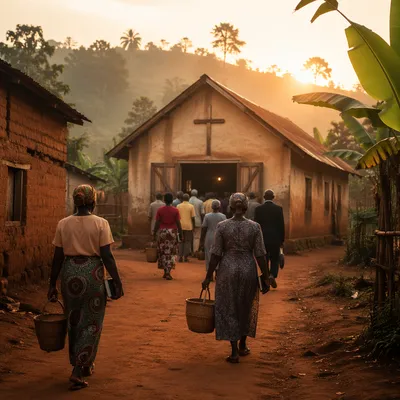 Rural Village Church Gathering at Sunrise