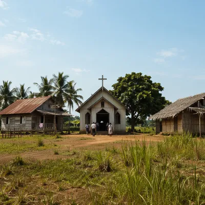 Rural Village Church Under Midday Sky