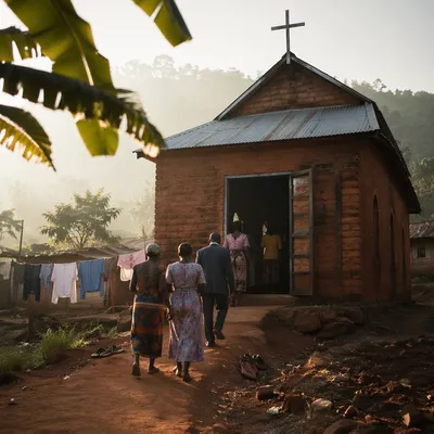 Rural Village Church in Morning Mist