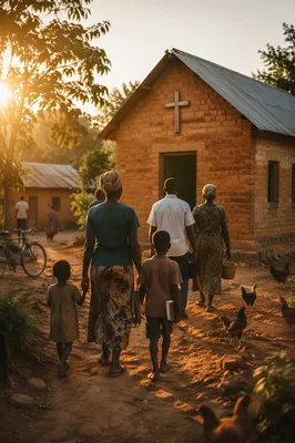 Rural Village Church at Golden Sunrise