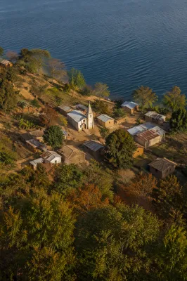 Rural Lakeside Village Church Aerial View