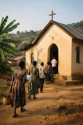 Village Church Gathering at Sunday Dawn