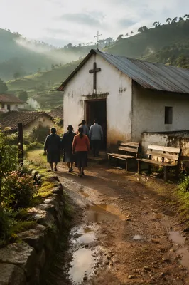Rural Village Church at Morning Dawn