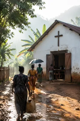Village Church Gathering After Morning Rain