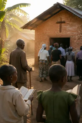 Village Church Gathering in Golden Light