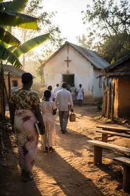 Village Church Gathering at Sunrise