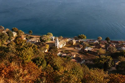 Rural Lakeside Village Church Aerial View