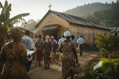 Village Church Gathering at Sunday Dawn