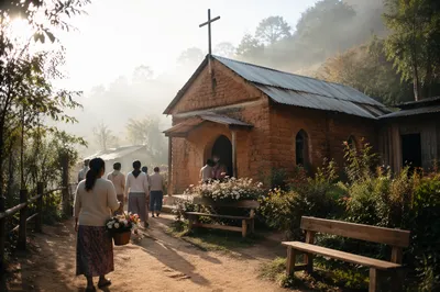 Peaceful Village Church at Morning Light