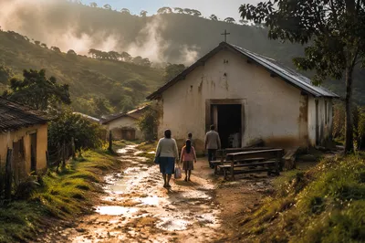 Rural Village Church at Morning Light