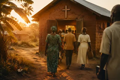 Village Church Gathering at Golden Hour