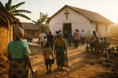 Village Church Gathering at Sunrise