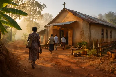 Hopeful Village Church in Morning Mist