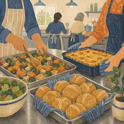 Church Kitchen Volunteers Preparing Fellowship Meal