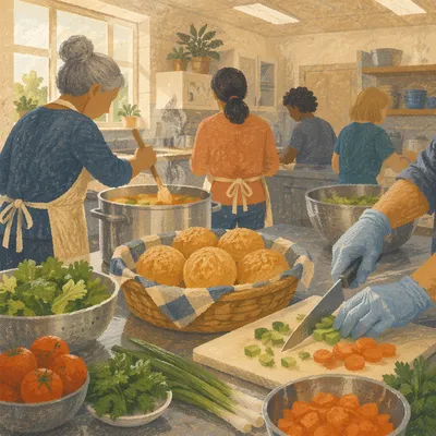 Church Kitchen Volunteers Preparing Fellowship Meal