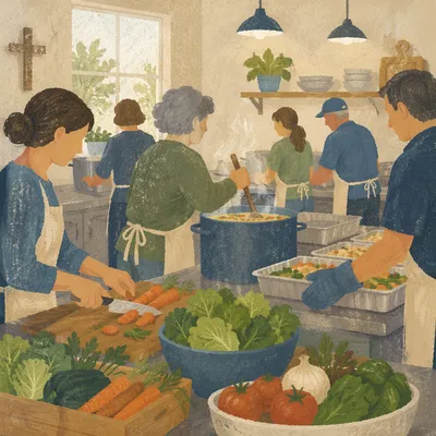 Church Kitchen Volunteers Preparing Fellowship Meal