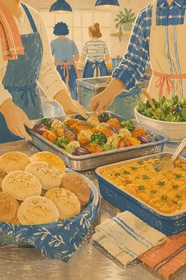 Church Kitchen Volunteers Preparing Fellowship Meal