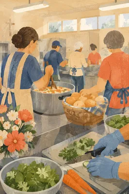 Church Kitchen Volunteers Preparing Fellowship Meal