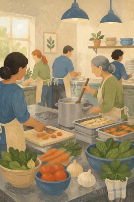 Church Kitchen Volunteers Preparing Fellowship Meal