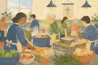 Church Kitchen Volunteers Preparing Fellowship Meal