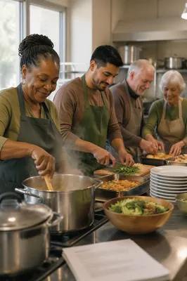 Volunteers Preparing Meal in Community Kitchen