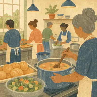 Church Kitchen Volunteers Preparing Community Meal