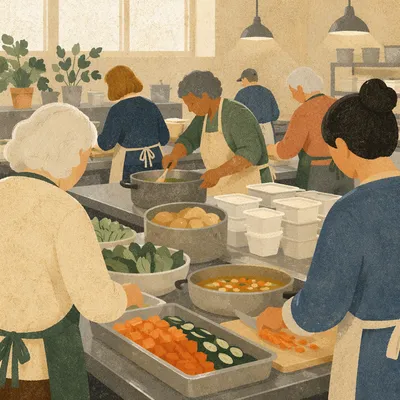 Church Kitchen Volunteers Preparing Community Meal