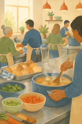 Church Kitchen Volunteers Preparing Community Meal