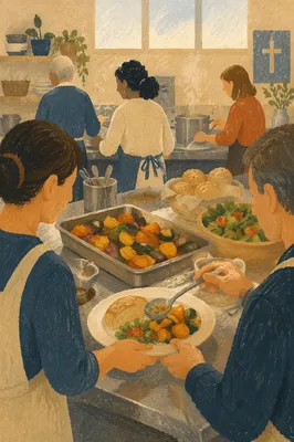 Church Kitchen Volunteers Preparing Shared Meal