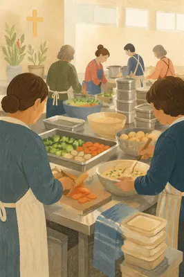 Church Kitchen Volunteers Preparing Community Meal