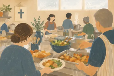 Church Kitchen Volunteers Preparing a Shared Meal