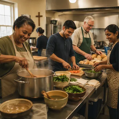 Church Kitchen Volunteers Preparing Community Meal