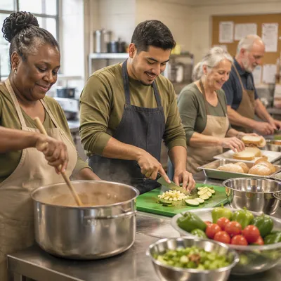 Church Kitchen Volunteers Preparing Community Meal